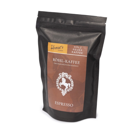 Espresso-Röstkaffee im Beutel: „RÖSSL-KAFFEE“, „Holzfeuer Kaffee“, „Über dem Holzfeuer geröstet“