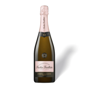 Flasche Champagner Nicolas Feuillatte Réserve Exclusive Rosé mit elegantem Etikett und roséfarbener Kapsel.