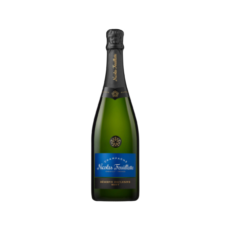 Grüne Champagnerflasche mit schwarzem Korken und goldenen Akzenten, beschriftet mit "Nicolas Feuillatte Réserve Exclusive Brut" auf blauem Etikett.