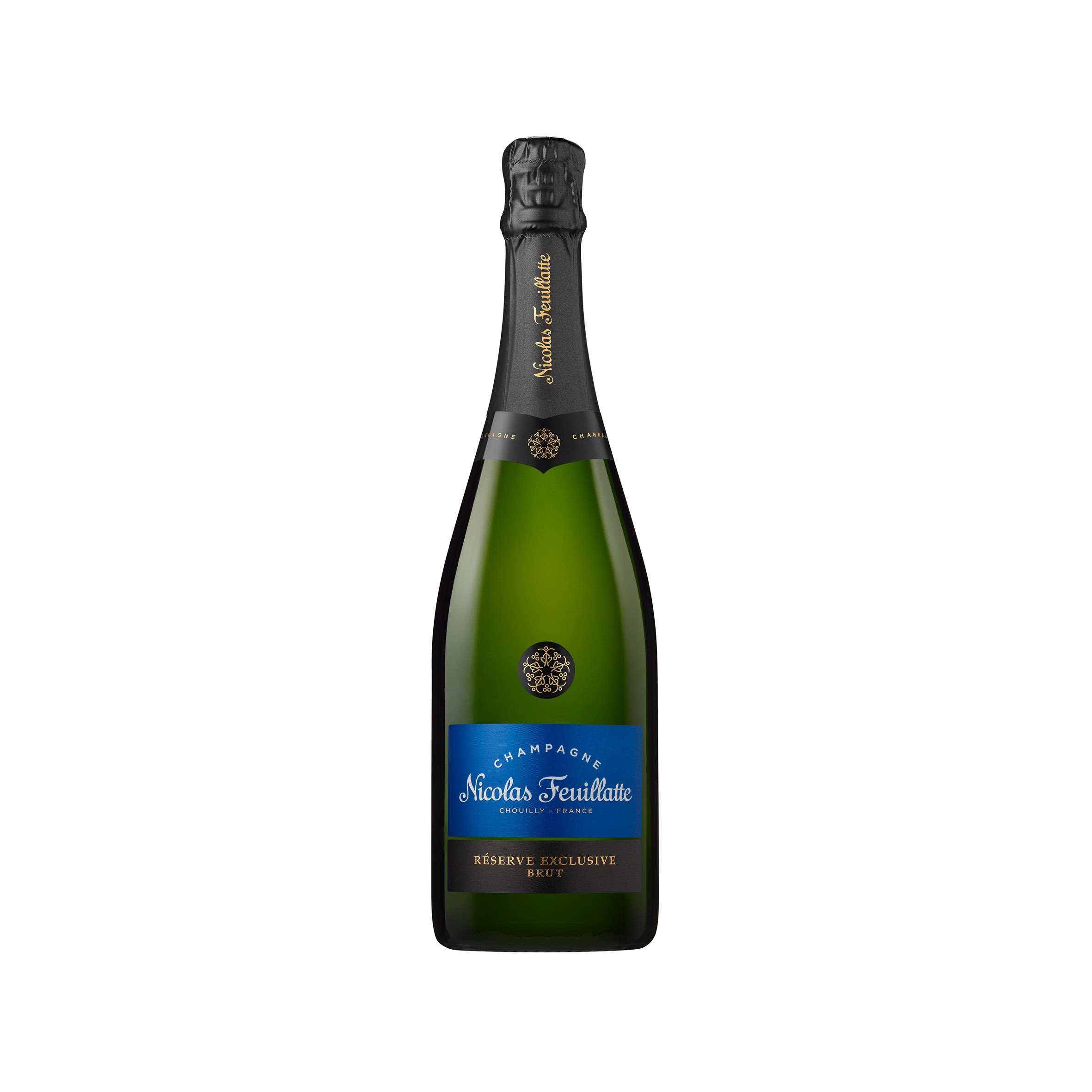 Grüne Champagnerflasche mit schwarzem Korken und goldenen Akzenten, beschriftet mit "Nicolas Feuillatte Réserve Exclusive Brut" auf blauem Etikett.