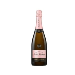 Flasche Champagner Nicolas Feuillatte, Goldfarbe mit rosa Kapsel, Etikett in zartem Rosa, schwarzer Schriftzug, elegant und ansprechend.